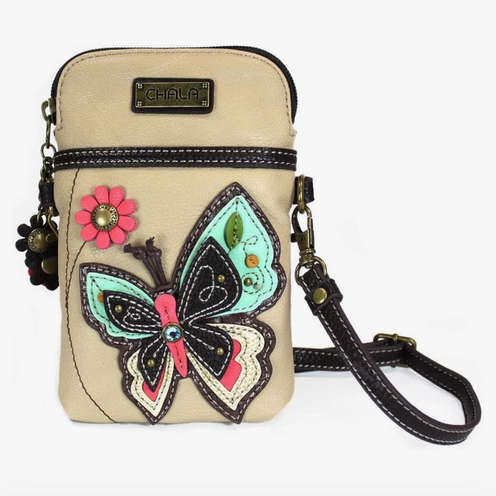 Chala Beige Crossbody Phone Bag with Butterfly Appliqué - Pink, Mint, Brown